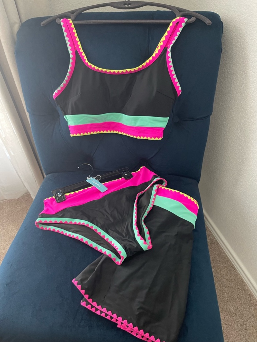 Popvil Ladies Colorblock Black Bikini Set with Pink and Mint Trim. 3-piece. NWT